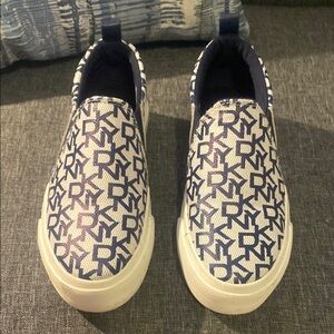 DKNY Blue and White Slip-On Sneakers with Monogram Print